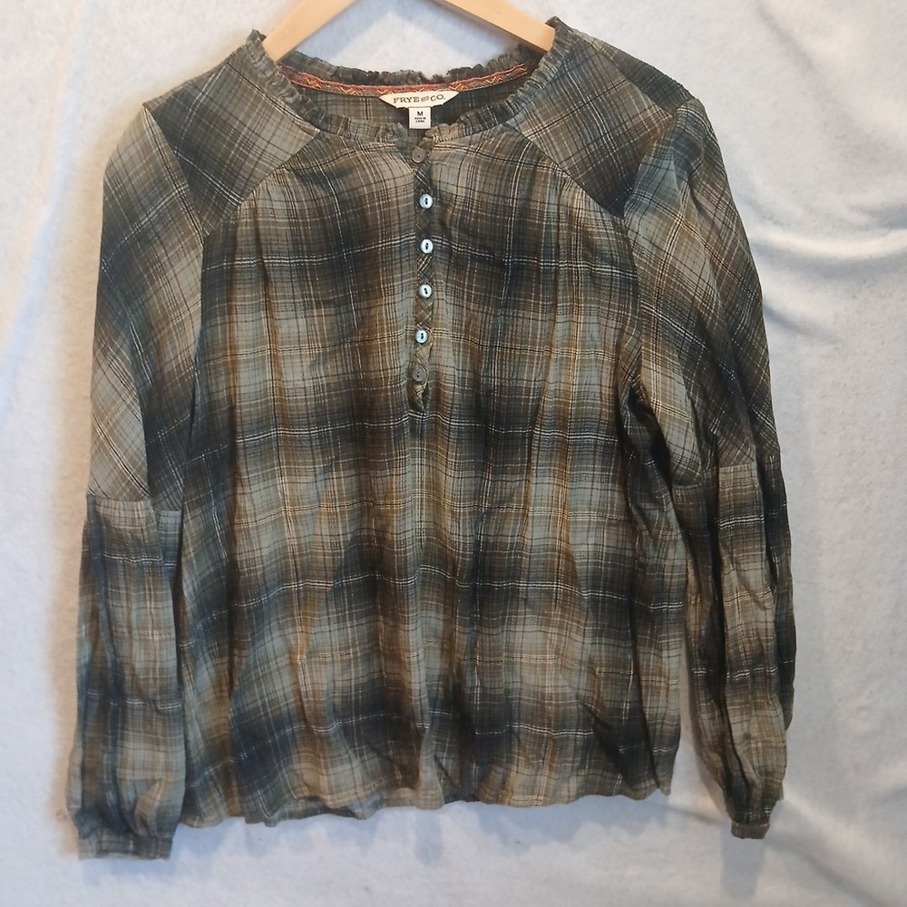 Frye‎ & Co Womens Medium Green Plaid Popover Blouse Casual Button Shirt Top